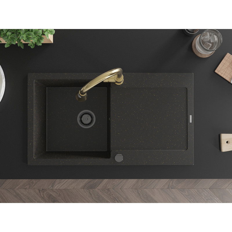 Mexen Leo zlewozmywak granitowy 1-komorowy z ociekaczem i baterią kuchenną Elia, czarny/złoty metalik - 6501-75-670101-50-B
