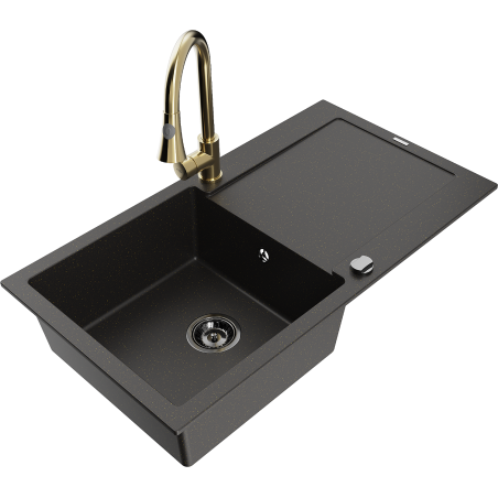 Mexen Leo zlewozmywak granitowy 1-komorowy z ociekaczem i baterią kuchenną Elia, czarny/złoty metalik - 6501-75-670101-50-B