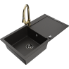 Mexen Leo zlewozmywak granitowy 1-komorowy z ociekaczem i baterią kuchenną Elia, czarny/złoty metalik - 6501-75-670101-50-B