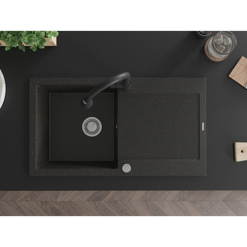 Mexen Leo zlewozmywak granitowy 1-komorowy z ociekaczem i baterią kuchenną Elia, czarny/złoty metalik - 6501-75-670101-70