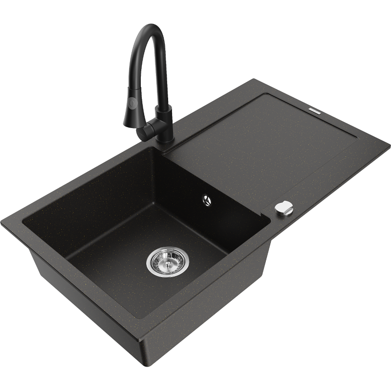 Mexen Leo zlewozmywak granitowy 1-komorowy z ociekaczem i baterią kuchenną Elia, czarny/złoty metalik - 6501-75-670101-70