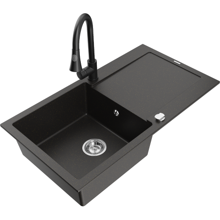 Mexen Leo zlewozmywak granitowy 1-komorowy z ociekaczem i baterią kuchenną Elia, czarny/złoty metalik - 6501-75-670101-70