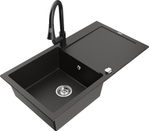 Mexen Leo zlewozmywak granitowy 1-komorowy z ociekaczem i baterią kuchenną Elia, czarny/złoty metalik - 6501-75-670101-70