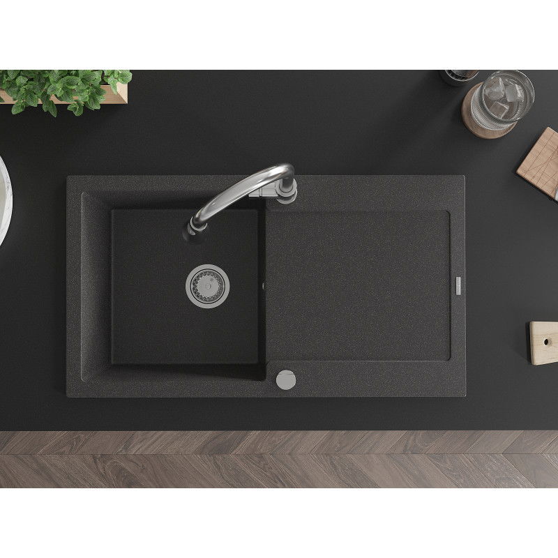 Mexen Leo zlewozmywak granitowy 1-komorowy z ociekaczem i baterią kuchenną Elia, czarny nakrapiany - 6501-76-670101-00