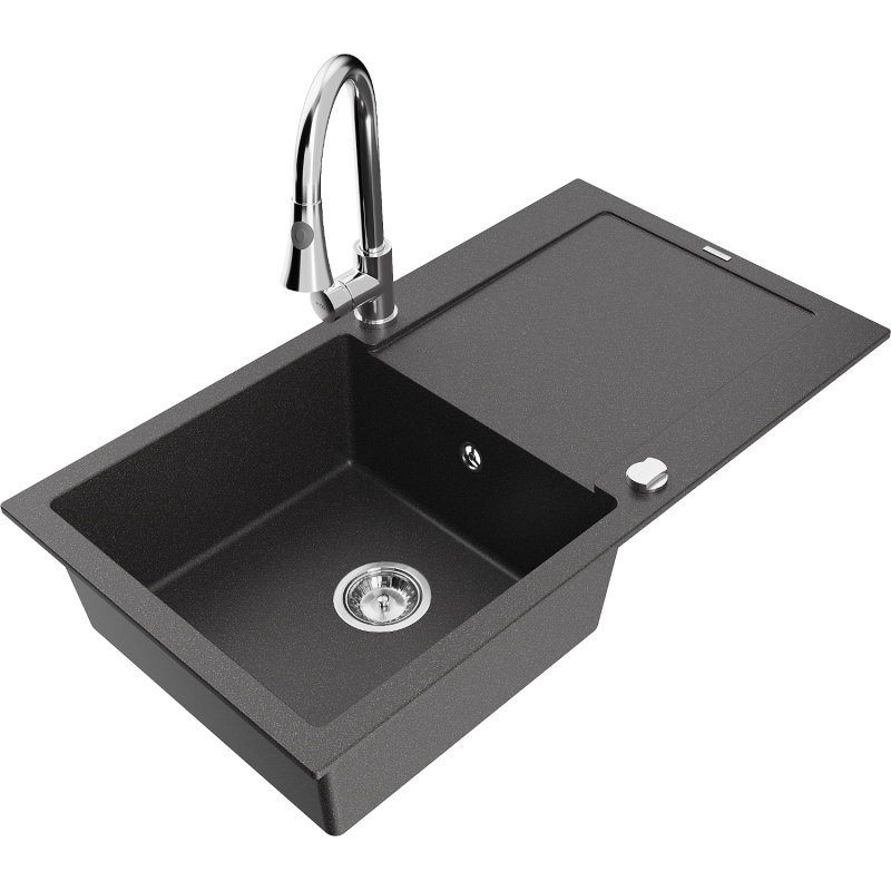 Mexen Leo zlewozmywak granitowy 1-komorowy z ociekaczem i baterią kuchenną Elia, czarny nakrapiany - 6501-76-670101-00