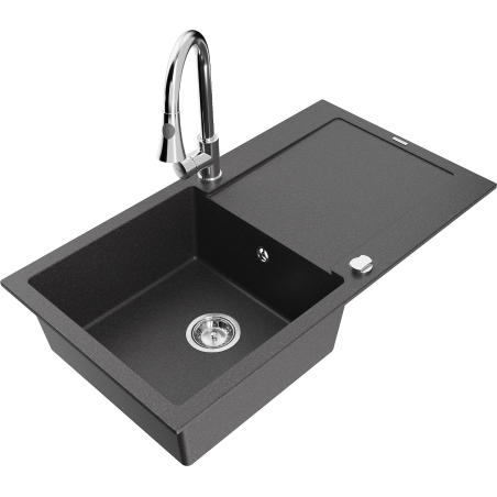 Mexen Leo zlewozmywak granitowy 1-komorowy z ociekaczem i baterią kuchenną Elia, czarny nakrapiany - 6501-76-670101-00