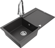 Mexen Leo zlewozmywak granitowy 1-komorowy z ociekaczem i baterią kuchenną Elia, czarny nakrapiany - 6501-76-670101-00