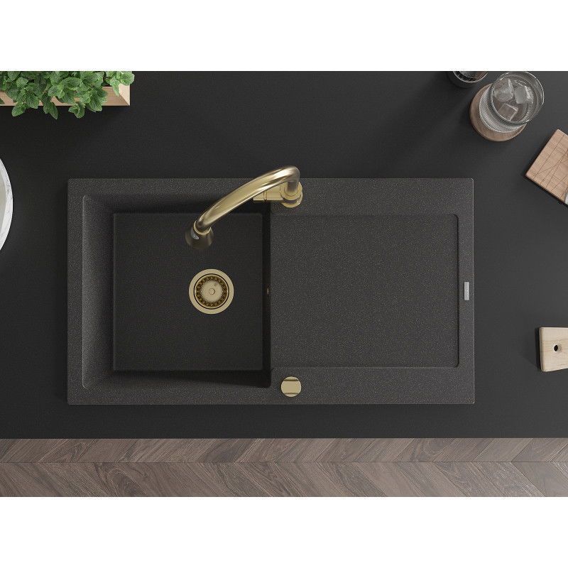 Mexen Leo zlewozmywak granitowy 1-komorowy z ociekaczem i baterią kuchenną Elia, czarny nakrapiany - 6501-76-670101-50