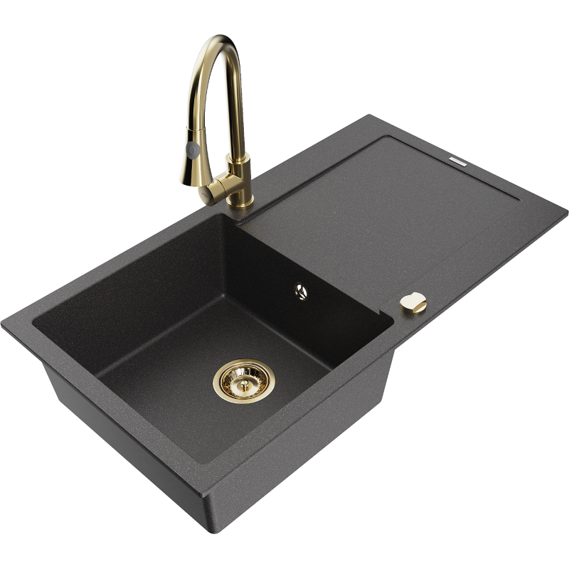 Mexen Leo zlewozmywak granitowy 1-komorowy z ociekaczem i baterią kuchenną Elia, czarny nakrapiany - 6501-76-670101-50
