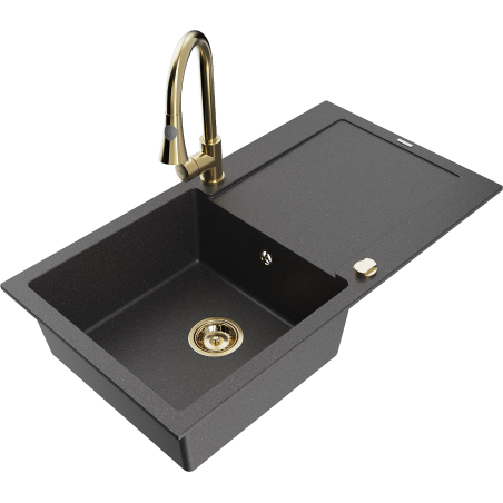 Mexen Leo zlewozmywak granitowy 1-komorowy z ociekaczem i baterią kuchenną Elia, czarny nakrapiany - 6501-76-670101-50