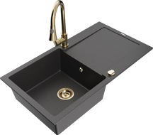 Mexen Leo zlewozmywak granitowy 1-komorowy z ociekaczem i baterią kuchenną Elia, czarny nakrapiany - 6501-76-670101-50