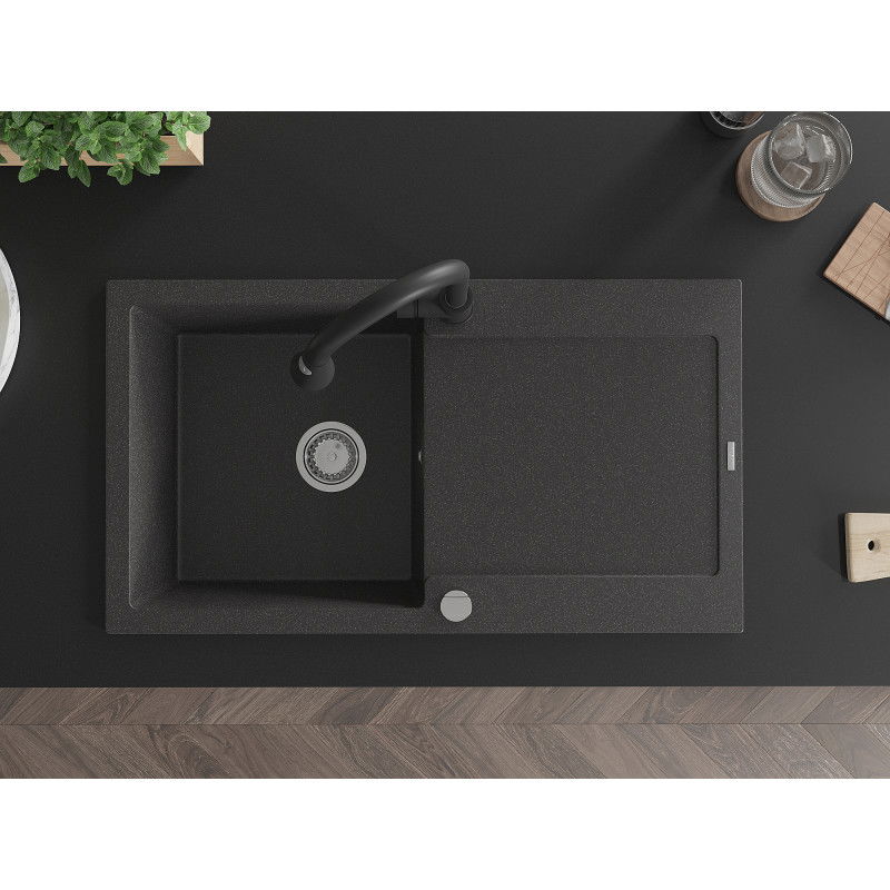 Mexen Leo zlewozmywak granitowy 1-komorowy z ociekaczem i baterią kuchenną Elia, czarny nakrapiany - 6501-76-670101-70