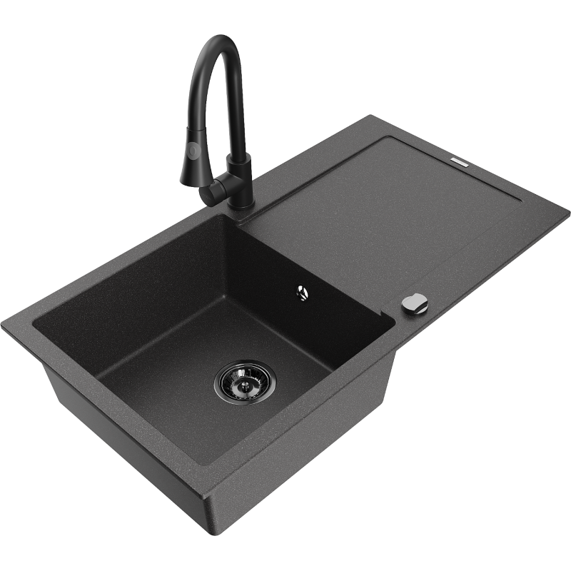 Mexen Leo zlewozmywak granitowy 1-komorowy z ociekaczem i baterią kuchenną Elia, czarny nakrapiany - 6501-76-670101-70-B