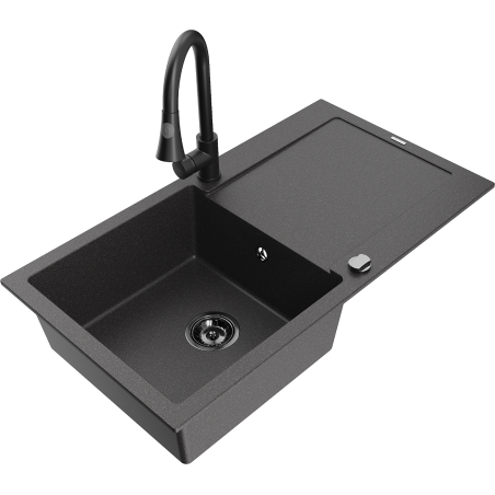 Mexen Leo zlewozmywak granitowy 1-komorowy z ociekaczem i baterią kuchenną Elia, czarny nakrapiany - 6501-76-670101-70-B