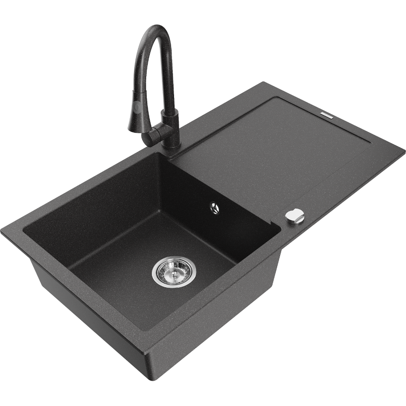 Mexen Leo zlewozmywak granitowy 1-komorowy z ociekaczem i baterią kuchenną Elia, czarny nakrapiany - 6501-76-670101-76