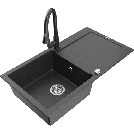 Mexen Leo zlewozmywak granitowy 1-komorowy z ociekaczem i baterią kuchenną Elia, czarny nakrapiany - 6501-76-670101-76
