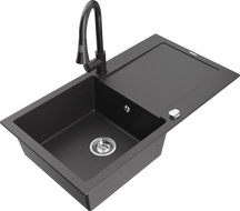 Mexen Leo zlewozmywak granitowy 1-komorowy z ociekaczem i baterią kuchenną Elia, czarny nakrapiany - 6501-76-670101-76