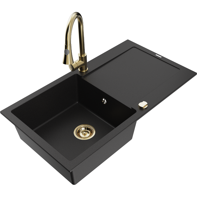 Mexen Leo zlewozmywak granitowy 1-komorowy z ociekaczem i baterią kuchenną Elia, czarny - 6501-77-670101-50