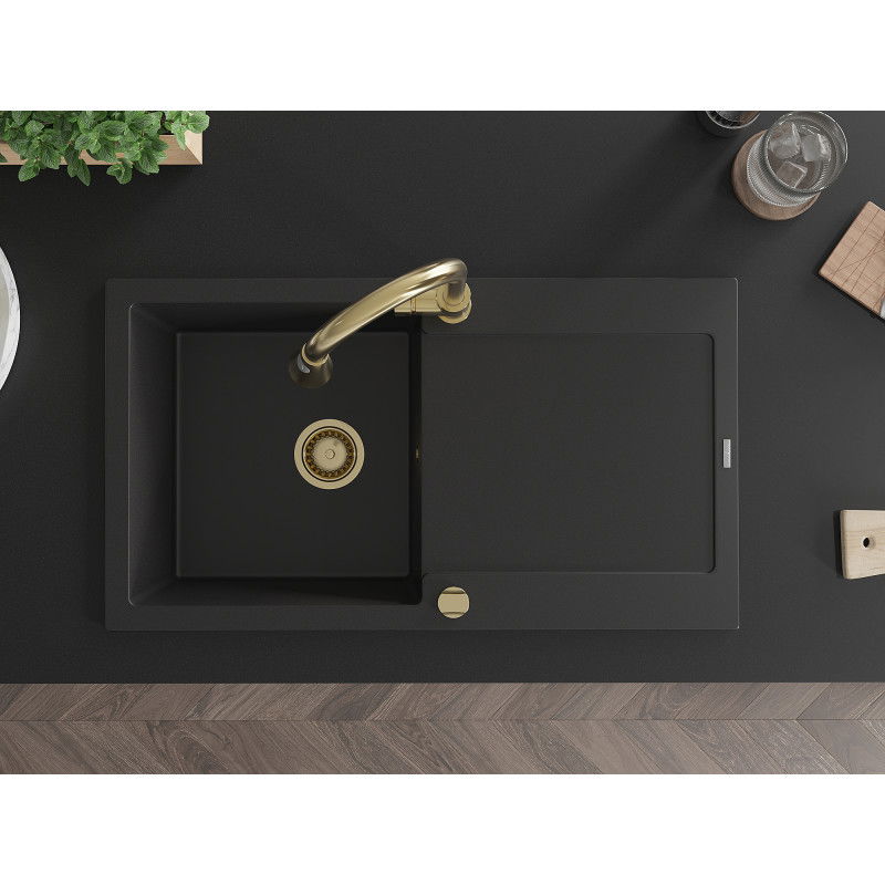 Mexen Leo zlewozmywak granitowy 1-komorowy z ociekaczem i baterią kuchenną Elia, czarny - 6501-77-670101-50