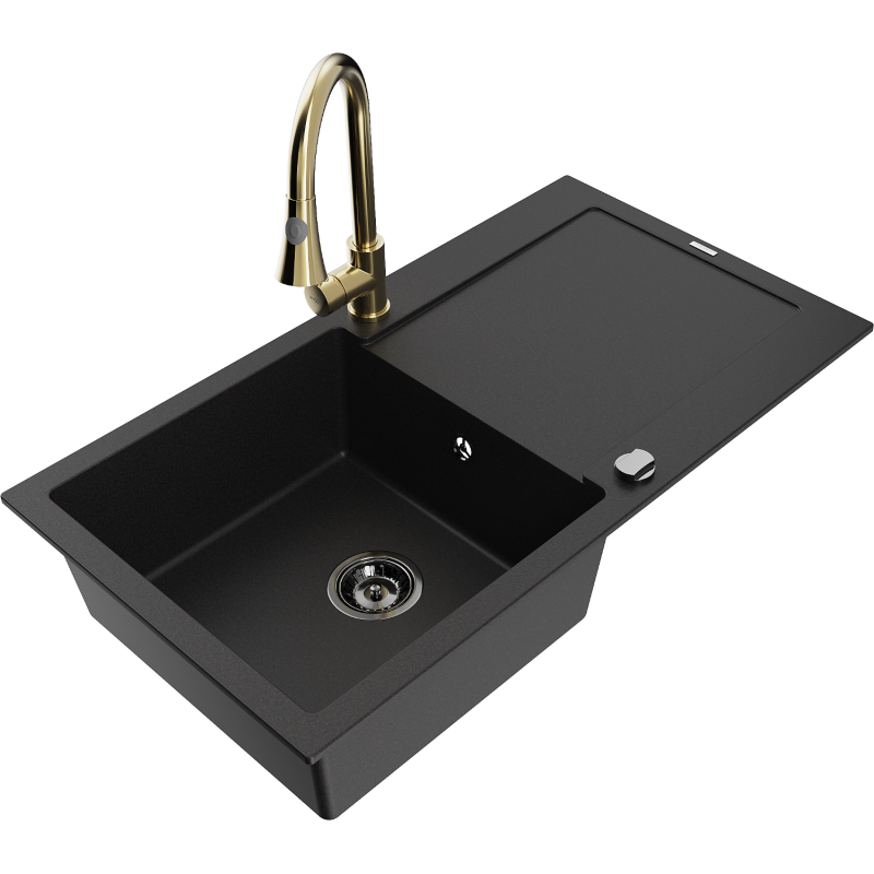 Mexen Leo zlewozmywak granitowy 1-komorowy z ociekaczem i baterią kuchenną Elia, czarny - 6501-77-670101-50-B
