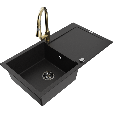 Mexen Leo zlewozmywak granitowy 1-komorowy z ociekaczem i baterią kuchenną Elia, czarny - 6501-77-670101-50-B