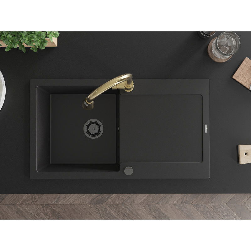 Mexen Leo zlewozmywak granitowy 1-komorowy z ociekaczem i baterią kuchenną Elia, czarny - 6501-77-670101-50-B