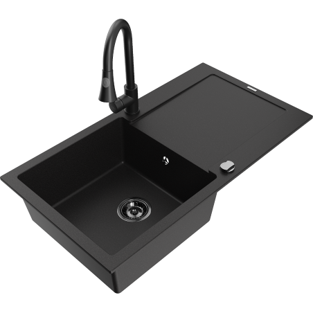 Mexen Leo zlewozmywak granitowy 1-komorowy z ociekaczem i baterią kuchenną Elia, czarny - 6501-77-670101-70-B