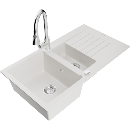 Mexen Matias zlewozmywak granitowy 1,5-komorowy z ociekaczem i baterią kuchenną Elia, biały - 6502-20-670101-00
