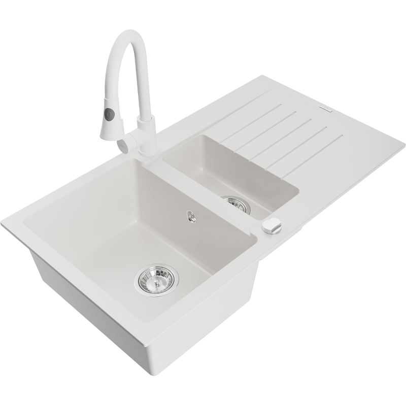 Mexen Matias zlewozmywak granitowy 1,5-komorowy z ociekaczem i baterią kuchenną Elia, biały - 6502-20-670101-20