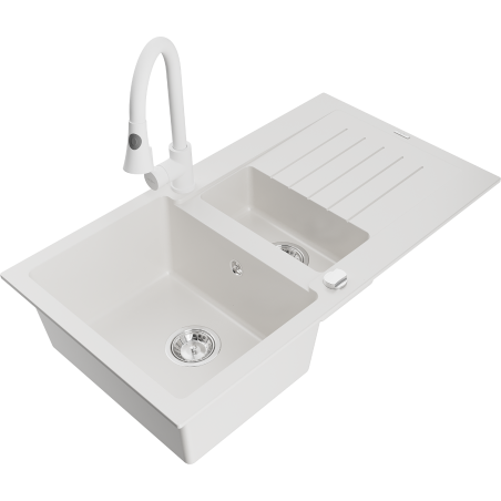 Mexen Matias zlewozmywak granitowy 1,5-komorowy z ociekaczem i baterią kuchenną Elia, biały - 6502-20-670101-20