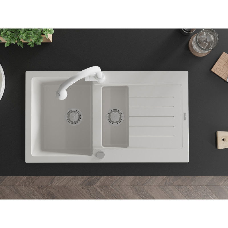 Mexen Matias zlewozmywak granitowy 1,5-komorowy z ociekaczem i baterią kuchenną Elia, biały - 6502-20-670101-20