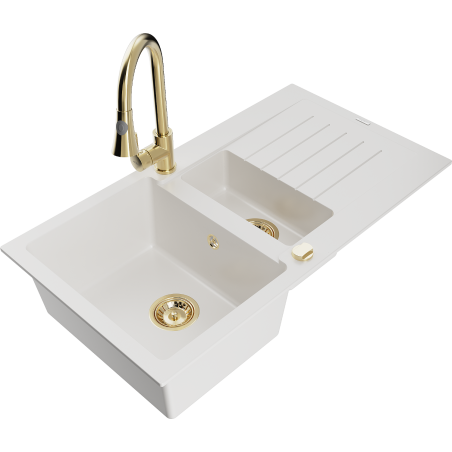 Mexen Matias zlewozmywak granitowy 1,5-komorowy z ociekaczem i baterią kuchenną Elia, biały - 6502-20-670101-50