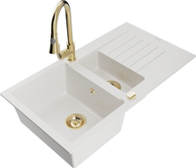 Mexen Matias zlewozmywak granitowy 1,5-komorowy z ociekaczem i baterią kuchenną Elia, biały - 6502-20-670101-50