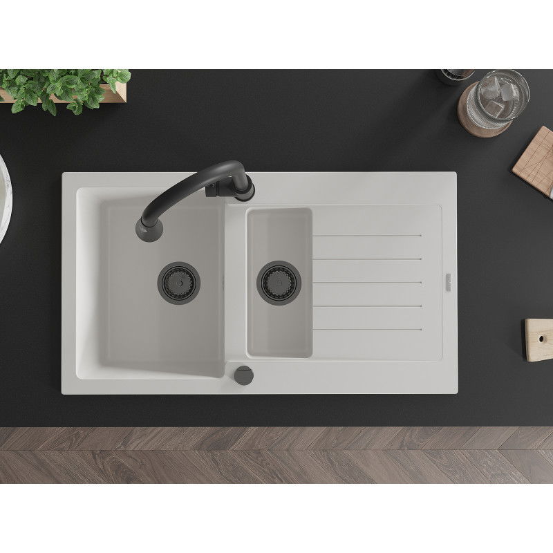 Mexen Matias zlewozmywak granitowy 1,5-komorowy z ociekaczem i baterią kuchenną Elia, biały - 6502-20-670101-70