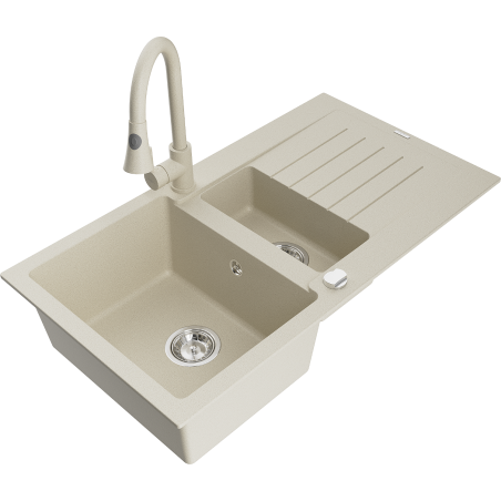 Mexen Matias zlewozmywak granitowy 1,5-komorowy z ociekaczem i baterią kuchenną Elia, beżowy - 6502-69-670101-69