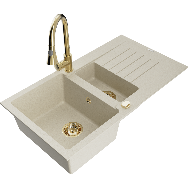 Mexen Matias zlewozmywak granitowy 1,5-komorowy z ociekaczem i baterią kuchenną Elia, beżowy - 6502-69-670101-50