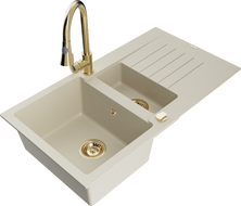 Mexen Matias zlewozmywak granitowy 1,5-komorowy z ociekaczem i baterią kuchenną Elia, beżowy - 6502-69-670101-50