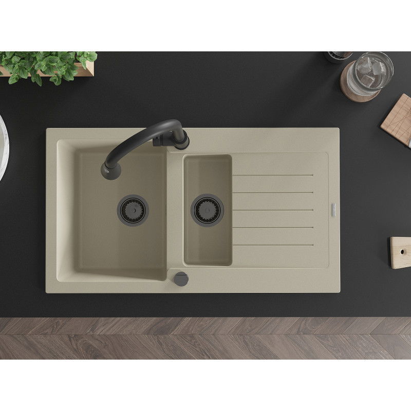 Mexen Matias zlewozmywak granitowy 1,5-komorowy z ociekaczem i baterią kuchenną Elia, beżowy - 6502-69-670101-70