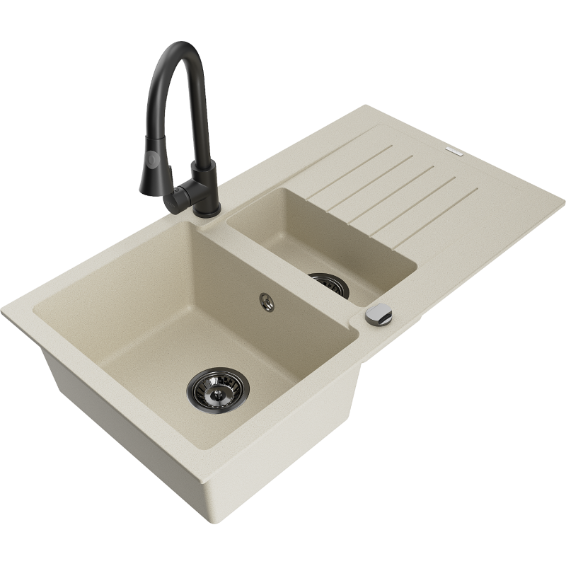 Mexen Matias zlewozmywak granitowy 1,5-komorowy z ociekaczem i baterią kuchenną Elia, beżowy - 6502-69-670101-70