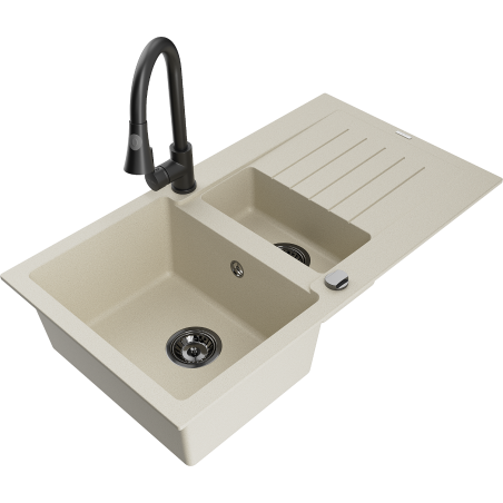 Mexen Matias zlewozmywak granitowy 1,5-komorowy z ociekaczem i baterią kuchenną Elia, beżowy - 6502-69-670101-70