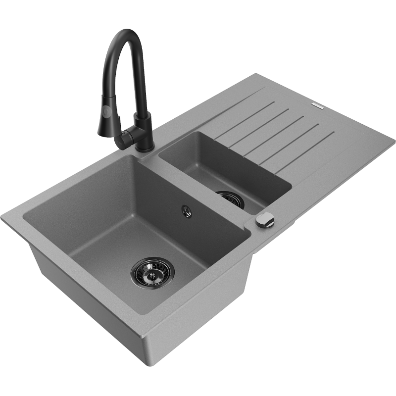 Mexen Matias zlewozmywak granitowy 1,5-komorowy z ociekaczem i baterią kuchenną Elia, szary - 6502-71-670101-70-B
