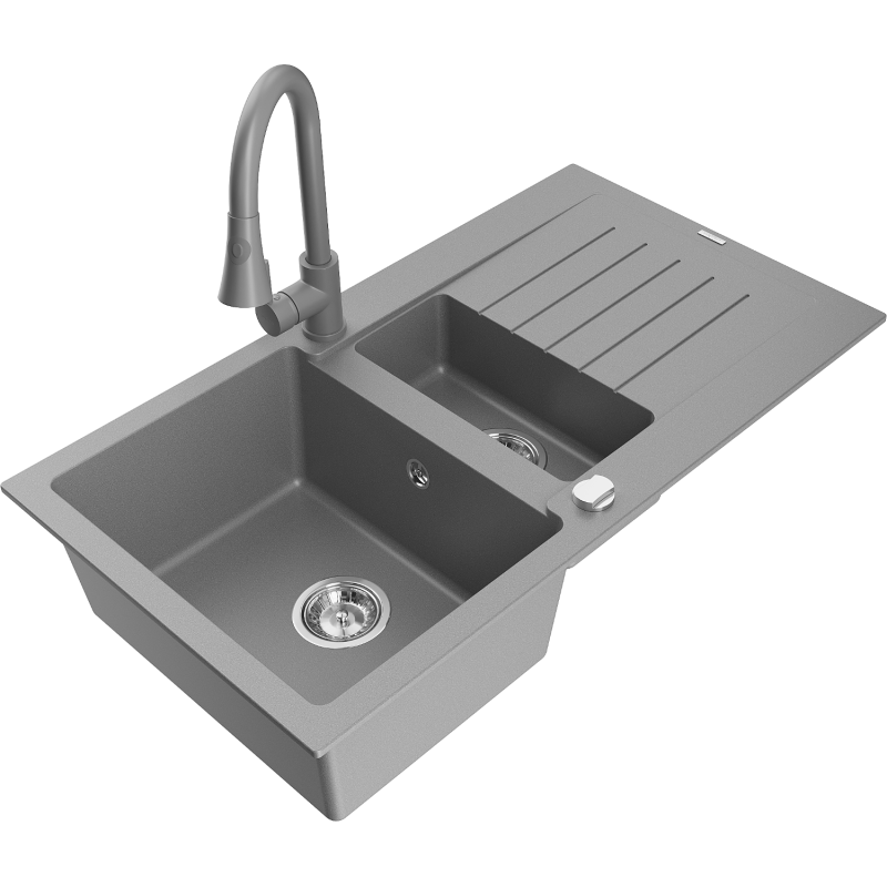 Mexen Matias zlewozmywak granitowy 1,5-komorowy z ociekaczem i baterią kuchenną Elia, szary - 6502-71-670101-71