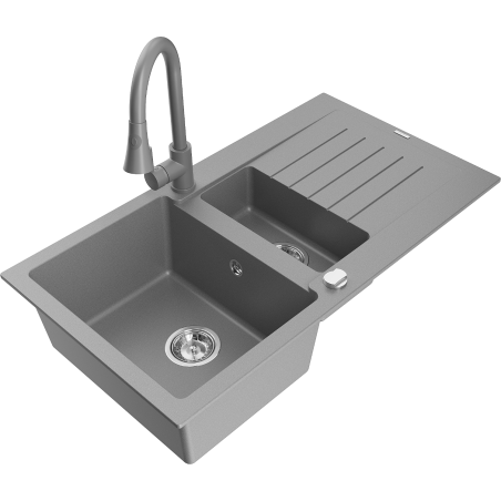 Mexen Matias zlewozmywak granitowy 1,5-komorowy z ociekaczem i baterią kuchenną Elia, szary - 6502-71-670101-71