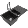 Mexen Matias zlewozmywak granitowy 1,5-komorowy z ociekaczem i baterią kuchenną Elia, czarny/srebrny metalik - 6502-73-670101-00
