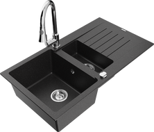 Mexen Matias zlewozmywak granitowy 1,5-komorowy z ociekaczem i baterią kuchenną Elia, czarny/srebrny metalik - 6502-73-670101-00