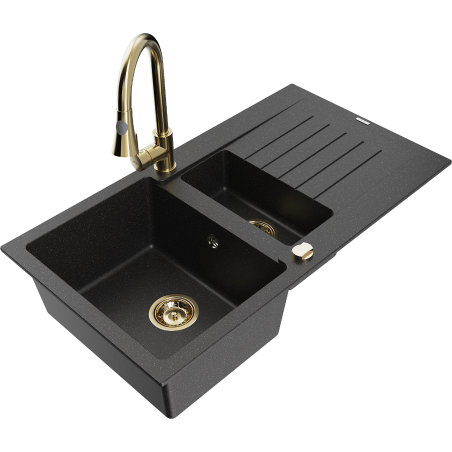 Mexen Matias zlewozmywak granitowy 1,5-komorowy z ociekaczem i baterią kuchenną Elia, czarny/srebrny metalik - 6502-73-670101-50