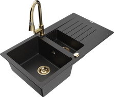 Mexen Matias zlewozmywak granitowy 1,5-komorowy z ociekaczem i baterią kuchenną Elia, czarny/srebrny metalik - 6502-73-670101-50