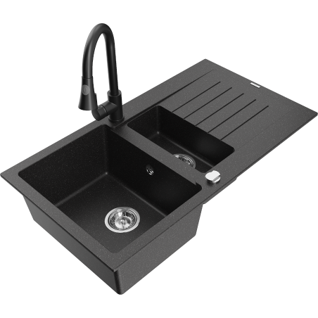 Mexen Matias zlewozmywak granitowy 1,5-komorowy z ociekaczem i baterią kuchenną Elia, czarny/srebrny metalik - 6502-73-670101-70