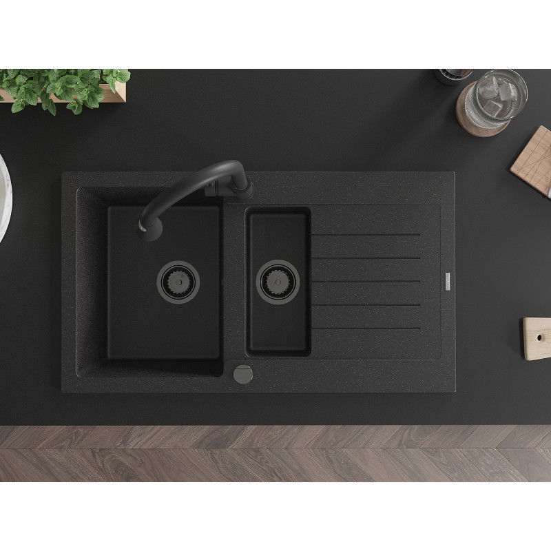 Mexen Matias zlewozmywak granitowy 1,5-komorowy z ociekaczem i baterią kuchenną Elia, czarny/srebrny - 6502-73-670101-70-B