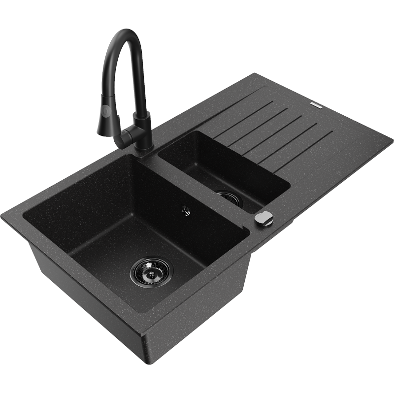 Mexen Matias zlewozmywak granitowy 1,5-komorowy z ociekaczem i baterią kuchenną Elia, czarny/srebrny - 6502-73-670101-70-B